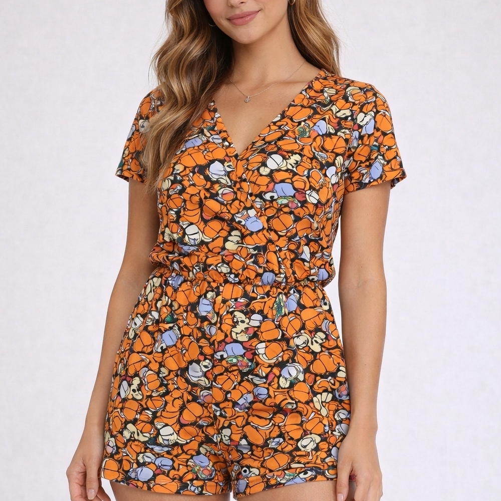 Garfield & Odie One‑Piece Pajama Romper SZ Small Soft Stretch Snap Front Stretch